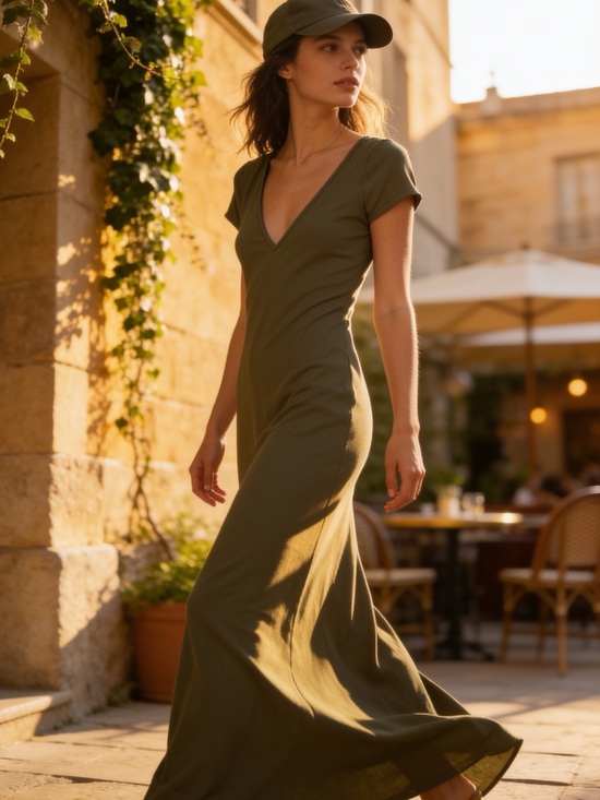 Heart& Hips Dresses & Skirts - Women’s Heart & Hips Double V Neck Ribbed Bodycon Maxi Dress Olive Green Size M